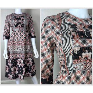 Vintage 1970s Brown Floral and Plaid Mixed Print Dress, Leslie J Size Medium